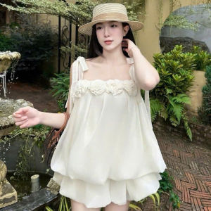 Đầm tiểu thư đi tiệc váy nữ thiết kế dáng ngắn bồng 2 dây thắt nơ kèm bông chất Tơ Ánh Kim 2 lớp Bí xoè dễ thương