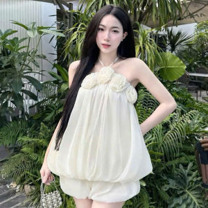 Set tiểu thư babydoll đồ nữ style dịu dàng set đi tiệc Tơ áo cổ yếm bồng đính hoa mix chân váy Bí xoè mini có lót đáng yêu