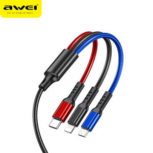 Awei CL-971 3 in 1 Fast Charger Cable Type c Lightning Micro USB  Fast Charging Cord 1.2M Durable Nylon Braided Data Cable  Suitable for iPhone Huawei Samsung Xiaomi Oppo