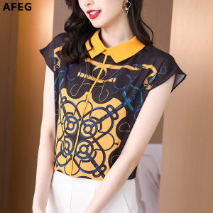 AFEG Korean style womens short-sleeved printing elegant blouse for women