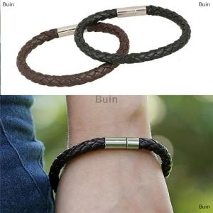 [COD] Buin Women Men Black Leather Charm Wristband Stainless Steel Magnetic Clasp Bracelet