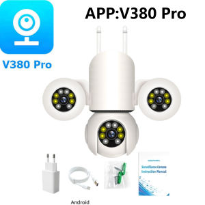 กล้องวงจรปิด V380 Pro 3 เลนส์ หมุนได้ 360° ผ่าน WiFi ความละเอียด 12MP กันน้ำ IP67 สำหรับใช้งานกลางแจ้ง แสดงผลพร้อมกันสามหน้าจอ ติดตามอัตโนมัติ มองเห็นภาพสีในเวลากลางคืน กล้องวงจรปิดไร้สาย รับประกัน 1 ปี