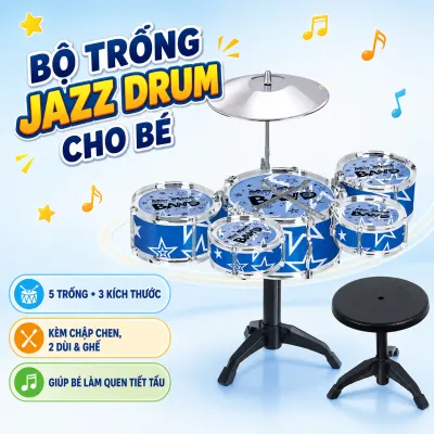Bộ Trống Jazz Drum 5 Trống Cho Bé Kèm Ghế Ngồi Chập Cheng Và 2 Dùi Trống
