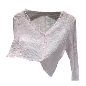 Phụ nữ áo Cardigan dệt kim lụa lạnh che nắng dài tay Trọng lượng nhẹ bảo vệ áo hở rốn mùa hè cổ chữ V Cài Nút Áo MặC Ngoài dáng ôm