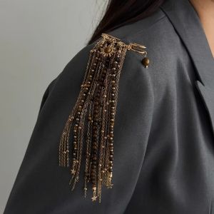 ZYJC loại Trâm cài áo Làm thủ công Đá mắt hổ Trâm cài trang trí quần áo Retro Chuỗi nhiều lớp Ghim cài áo Phụ nữ