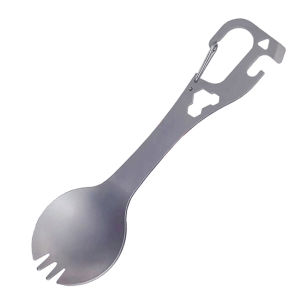 5-in-1 Multi-Functional Spork Stainless Steel Portable Utensil Spoon Can Opener Serrated Knife Wrench Direction Indicator