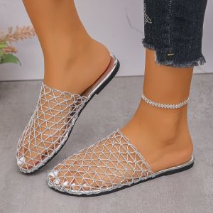 Free Shipping Large-Size Open-Weave Knitted Toe-Cap Sandals With A Fishnet Upper Flat-Soled Mule-Style Slippers Designed For Outdoor Wear