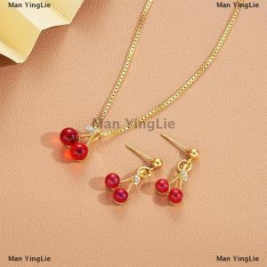 [COD] Man YingLie Red Cherry Pendant Necklace Stud Earrings Set Womens Fashion Fruit Necklace Earrings Jewery Set For Party Wedding Girls Gifts