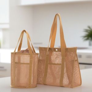 PFPZI Drawstring Mesh Beach Handbag Large-Capacity Snaps Portable Bath Storage Bag High Quality Breathable Travel Wash Tote Bag Swimming
