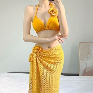 MECOME 3pcs Long Dress Bikini Set for Women Self Tie Halter Neck Separated Swimsuits Women Swimwear Set for Pool Party