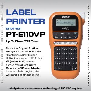 Brother P-Touch PT-E110VP Label Printer | Max 12mm | 20mm/s | AC Included | Hard Case | Hot Selling
