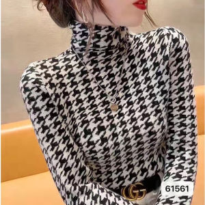UNIKDANMURAHH - COD BAYAR DI TEMPAT Houndstooth Ribbed Knit Longsleeve Jumbo XL BAJU ATASAN BLOUSE WANITA MOTIF KOTAK