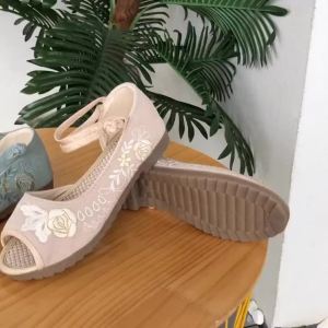 [Free Shipping] Lace-up Embroidered Fabric Sandals Ethnic Style Womens Shoes for Travel Areas and Moms Shoes Exhibition Fair