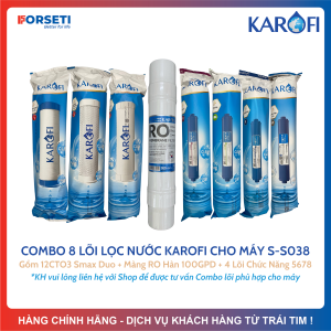 Combo 8 lõi lọc nước Karofi chính hãng dùng cho máy lọc nước Karofi S-S038 (12CTO3+RO100KR+5678) (Tặng 1 cút T nối nhanh và 1 mét dây 6mm)