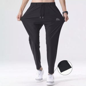 กางเกงผ้าไหมน้ำแข็งบางฤดูร้อนสำหรับผู้ชาย กางเกงกีฬาลำลองระบายอากาศ ผ้าที่มีความยืดหยุ่นสูง เอวยางยืดแบบมีเชือกผูก