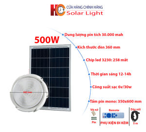 Đèn năng lượng mặt trời ốp trần HC SOLAR LIGHT 500W & 600W – Vỏ nhựa ABS Tấm pin rời Ánh sáng trắng.
