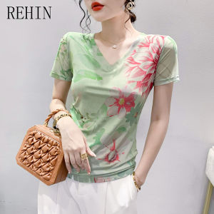 REHIN New Summer Fashion Printed Short-sleeved T-shirt V-neck with Floral Pattern for Slimming S-3XL and Skin-friendly Comfort top