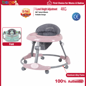 Beige Baby Walker Boy&Girls Foldable Anti-O-Leg Anti-Tip Adjustable Height Multifunctional Learning Cart With Music Light Handle Toy Walking Trainer