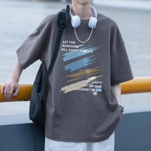 日系藏青色短袖t恤男款夏季涂鸦印花上衣宽松ins潮牌五分半袖体恤