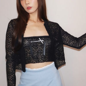 Set áo cardigan ren croptop tay loe đen/ trắng/ kem - Lace Cardigan Croptop
