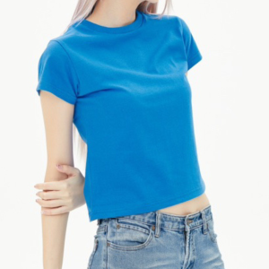 เสื้อยืด เบบี้ที Baby Tee แขนสั้น คอกลม ครอป เอวลอย CROP T-shirt ผ้าคอตตอน สีฟ้าทะเล