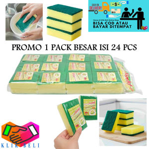 Klik-Beli (PROMO 1 PACK ISI 24 PCS) Sanlight Spons Cuci Piring Spon Bantal 2 Sisi Kuning Hijau Satuan Sponge Sikat Gosok Dapur
