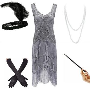 Womens 1920s Gatsby Sequin Sleeveless Cosplay Dress with Accessories Set