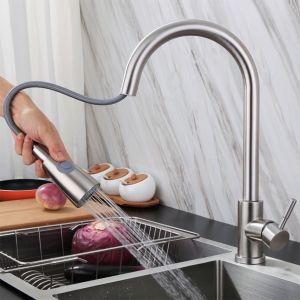 SUS304 Kitchen Faucet 360°Swivel Pull Out Kitchen Tap Two Water Outlet Modes Deck Mounted Water Tap Stainless Steel Pull Out Kitchen Faucet 360° Rotate Flexible Hot and Cold Universal Faucet With