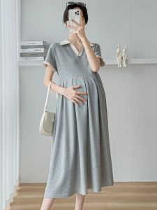 YaYa Long Maternity Dress for Women Korean Style Plus Size Shirt Collar Pregnant Dresses