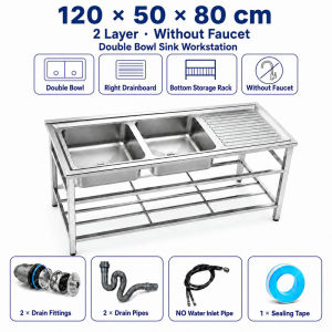 YOYO 304 Stainless Steel Double Bowl Kitchen Sink with Drainboard Faucet Drain Pipes and Storage Bracket for Home or Commercial Kitchen