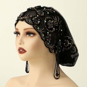 VCH Shiny Beads Turban Hat Flower Embroidery Long Tassel Beaded Bonnet Mesh Turban Elastic Band Indian Headscarf Daily Wear