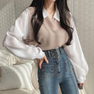 Long Sleeved T-shirt With Striped Retro Polo Collar Sweatshirt Womens Loose Collared Top