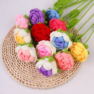 Rose Crochet Flowers Bouquet Wedding Guest Gift Crochet Woven Flowers Bouquet Artificial Flowers for Decor Birthday Gift