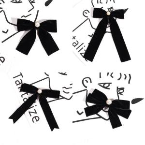 shiqinbaihuo Thời Trang Màu Đen Nhung Bow Trâm Ngọc Trai Tie Cho Phụ Nữ Quần Áo Đường Viền Cổ Áo Tối Giản Trang Trí Ribbon Tie Trang Sức Phụ Kiện