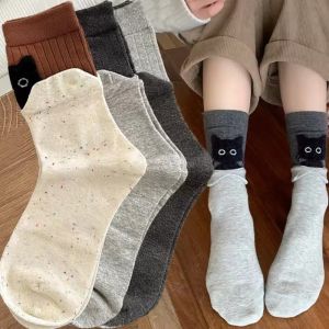 2026 Autumn Lovely Cartoon Black Cat Print Splice Sock Women Versatile Plush Warm Cotton Mid-Calf Socks Japanese Simple Daily Floor Socks