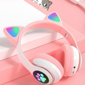 OMO -Bluetooth 5.0 LED Light Cat Ears Headset Wireless Earphone Stereo Bass Headphones HIFI TF SD Card 3.5mm Microphone Gaming Headphone