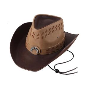 Lightweight Ethnic Style Faux Leather Hat for Women Men Breathable Cowboy Cap with Metal Ox Head Western Style Cap