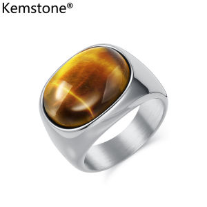 Kemstone Retro Oval Tiger Eye Stone Ring Stainless Steel Fashion Jewelry Gift