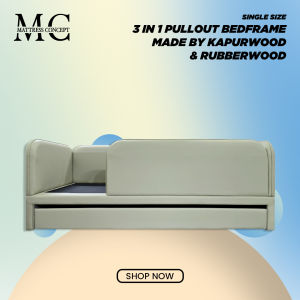 (LOCAL SELLER & READY STOCK!) 3 In 1 Pullout Bed Frame With Side Guard & Full PVC Single Size Made By Kapurwood and Rubberwood ( FREE DELIVERY & INSTALLATION)