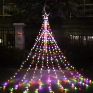 Christmas Decor LED Five Pointed Star Waterfall Light 8 Modes String Hanging Curtain Outdoor Garden Solar Light
