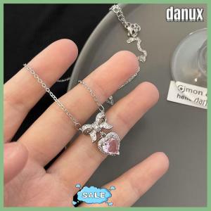 danux Zircon Bowknot Heart Pendant Necklaces Pink Heart Ladies Girls Fashion Elegant Clavicle Chain For Women Jewelry