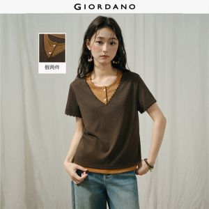 Giordano Women Fake two-piece lace trim short sleeve tee Free Shipping 18326824