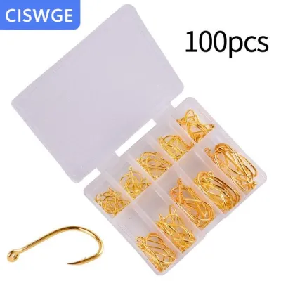 [COD] CISWGE Câu cá móc thiết lập 100PCS Hộp 10 Series thép carbon cao duy nhất vòng tròn câu cá móc bay câu cá Jip gai cá chép móc