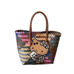 PERCEPT Dung tích lớn Túi đeo vai mèo KT Đầy màu sắc Nhẹ Túi xách thêu hình mèo Túi lưu trữ Cung Giỏ đan bằng dây leo hoạt hình Phụ nữ