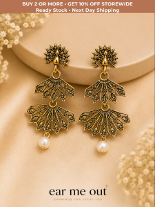 [SG] Vintage Lotus Pearl Drop Earrings | Antique Gold Floral Statement Earrings | Ethnic Bohemian Earrings | Traditional Fan Drop Earrings | ear me out (EMO-53)