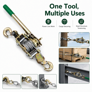 Heavy Duty Wire Rope Puller 1Ton Double Hook Ratchet Hand Winch Steel Cable Puller Come Along Tool for Lifting Towing Construction Garage Farm