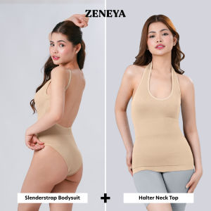 Zeneya BUY 1 TAKE 1 Slenderstrap + Halter Neck Bodysuit For Women Short Sleeve Shapewear Top Bodycon Body Shaper
