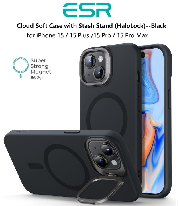 ESR Black Color phone case, Cloud Soft Stash Stand (HaloLock) with ...
