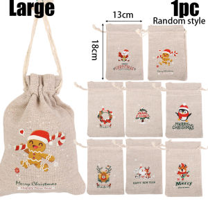 【On Sale】5Pcs Christmas Gift Bags with Drawstring Linen Candy Bags Cookies Bag for Christmas Party