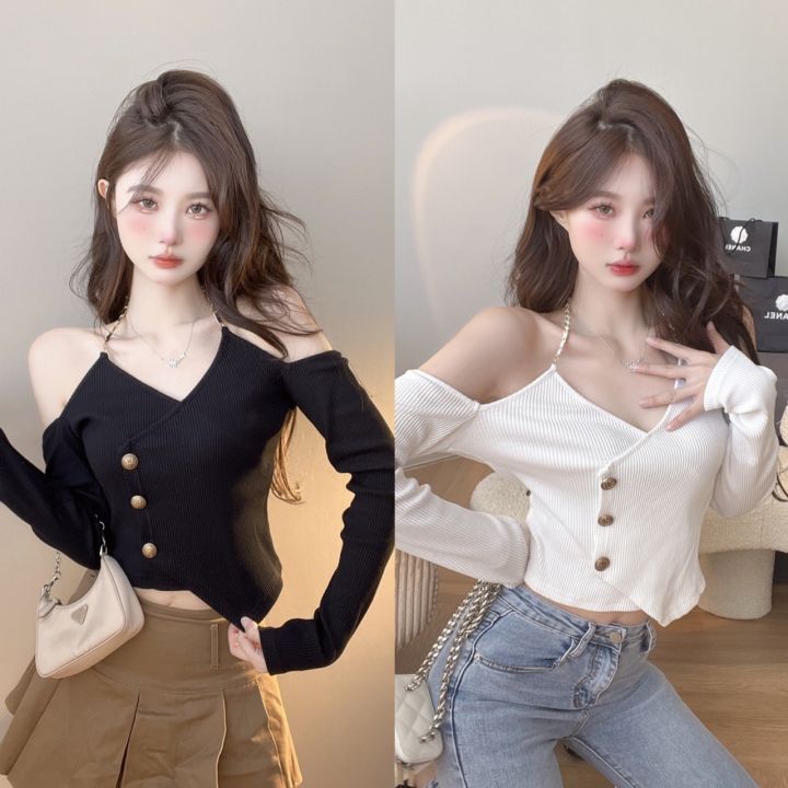 ☁️ เสื้อไหมพรมแขนยาว เปิดไหล่ เรียบหรูสุดๆ สินค้าพร้อมส่ง ( U036 ...